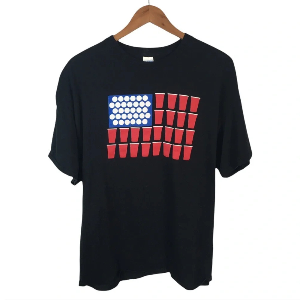 TS319 Gildan USA United States Flag Beer Pong Patriotic T Shirt XL